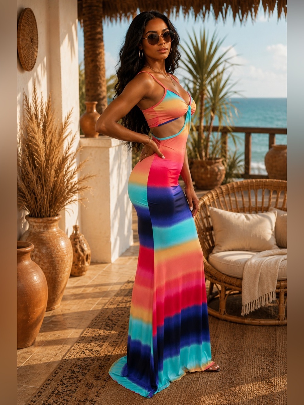 Rainbow Ombre Maxi Dress with Tie-Front Detail - Picture 4 of 5